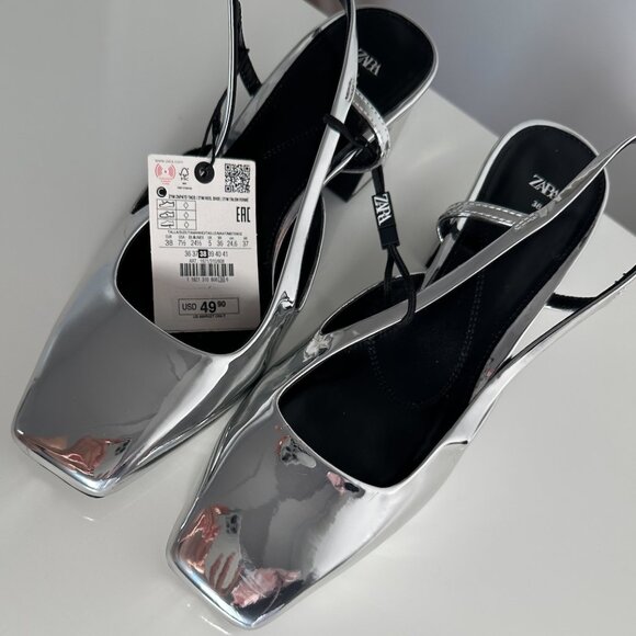 7.5/38 ZARA PARTY METALLIC SILVER SLINGBACK SHOES - Picture 1 of 6